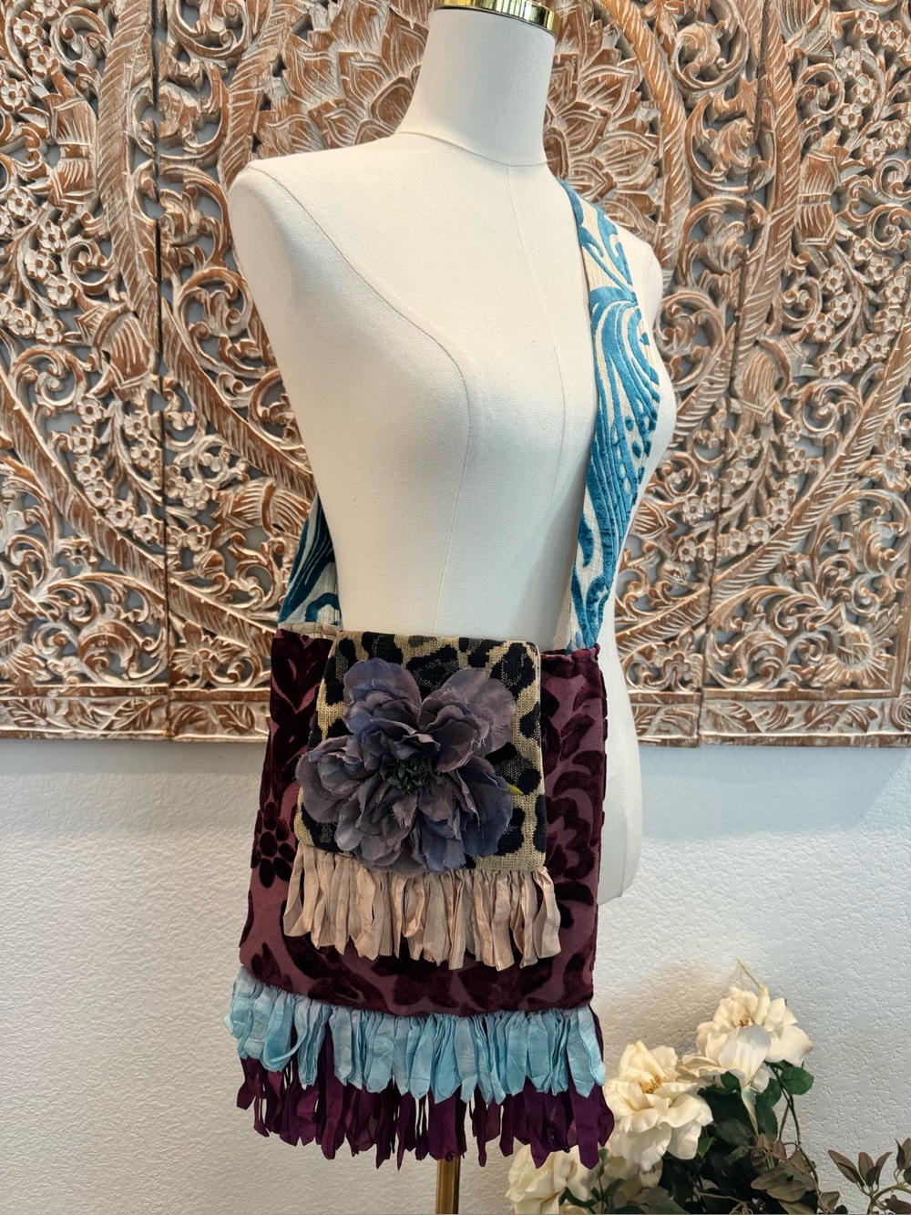 Boho Floral Fringe Crossbody Bag in Plum and Teal